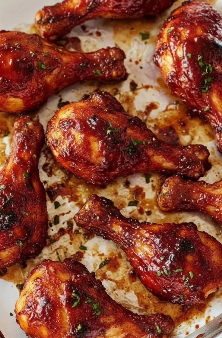 Baked BBQ Chicken Drumsticks on a serving platter with barbecue sauce