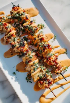 Delicious Bang Bang Chicken Skewers ready for grilling with spicy sauce