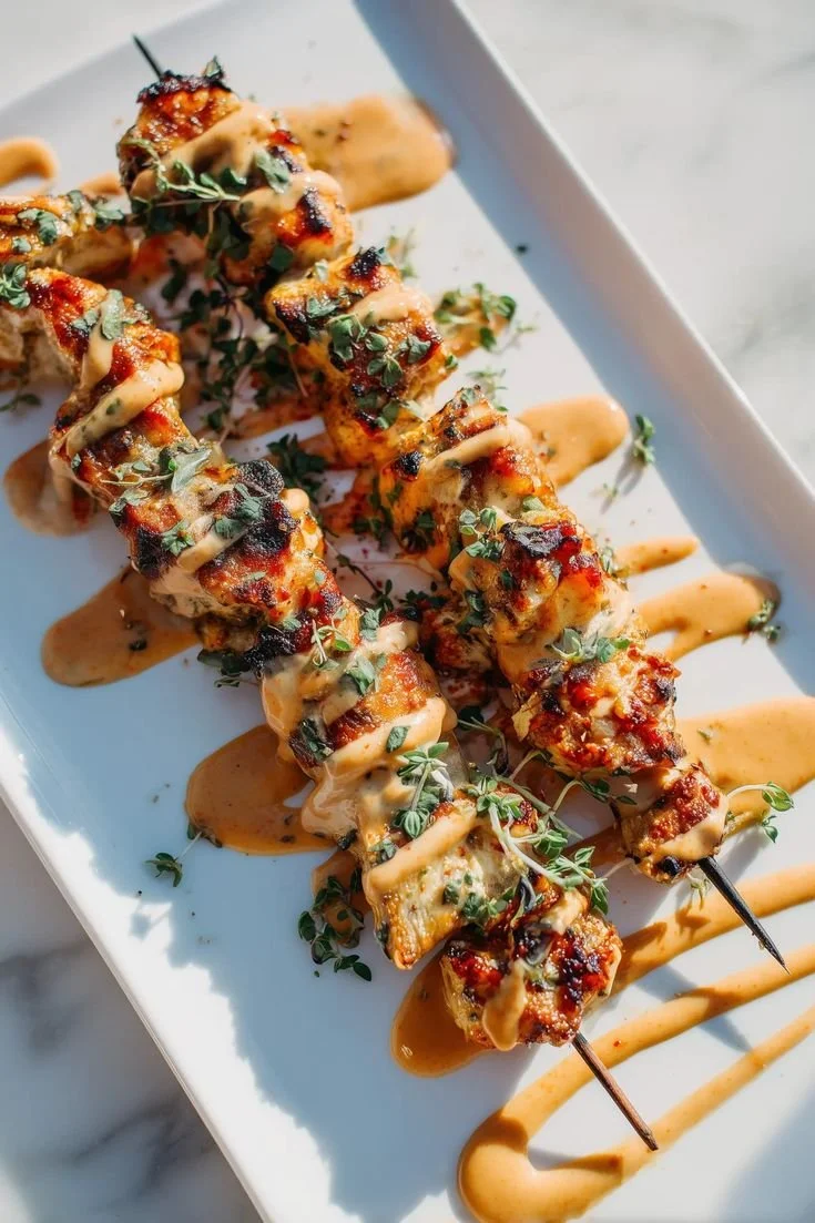 Delicious Bang Bang Chicken Skewers ready for grilling with spicy sauce