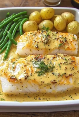 Cod fillets served with creamy mustard sauce on a plate