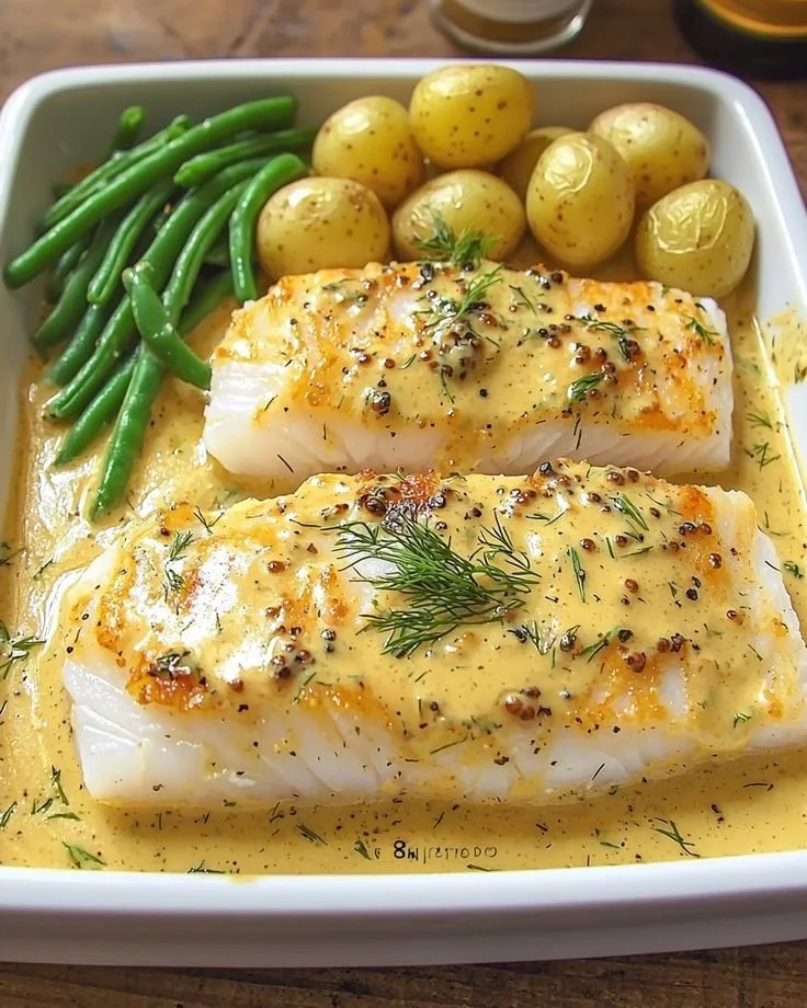Cod fillets served with creamy mustard sauce on a plate