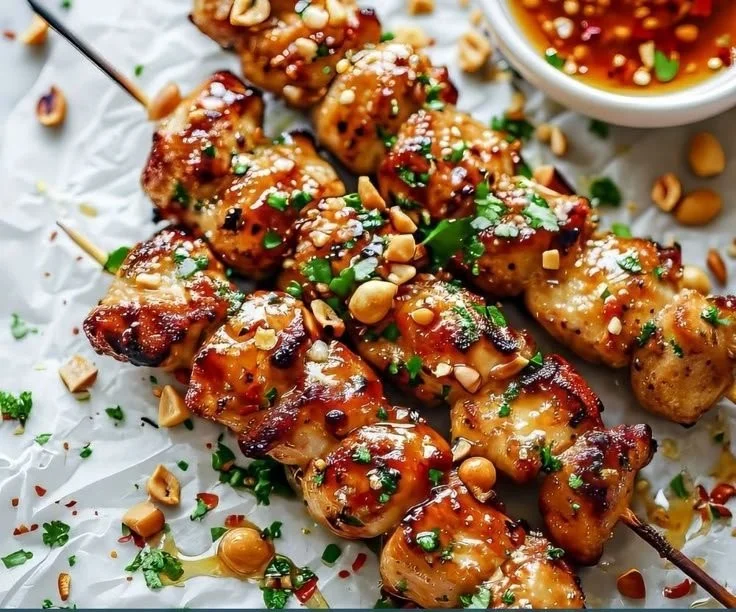 Easy grilled chicken skewers with honey garlic sauce on a serving platter