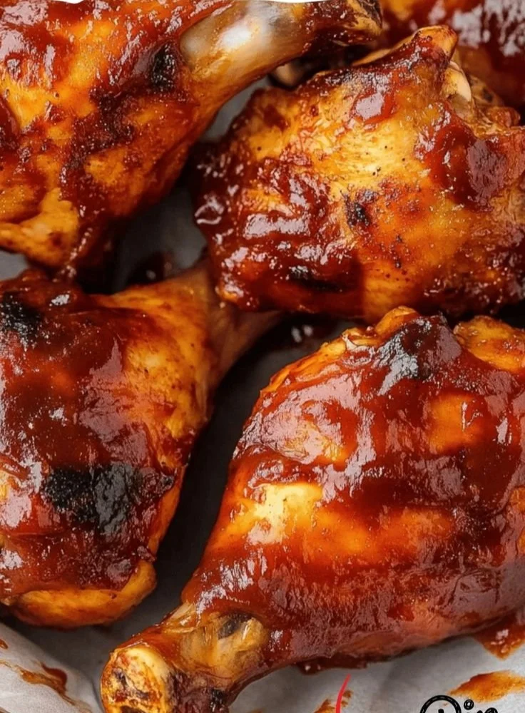Oven-baked BBQ chicken drumsticks on a platter with sauce