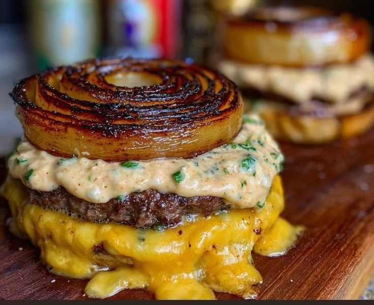Homemade Flying Dutchman Burger with cheese and toppings