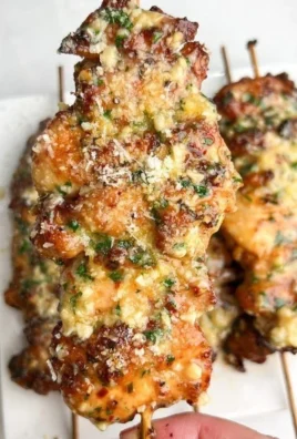 Garlic Parmesan Chicken Skewers served on a platter with fresh herbs.