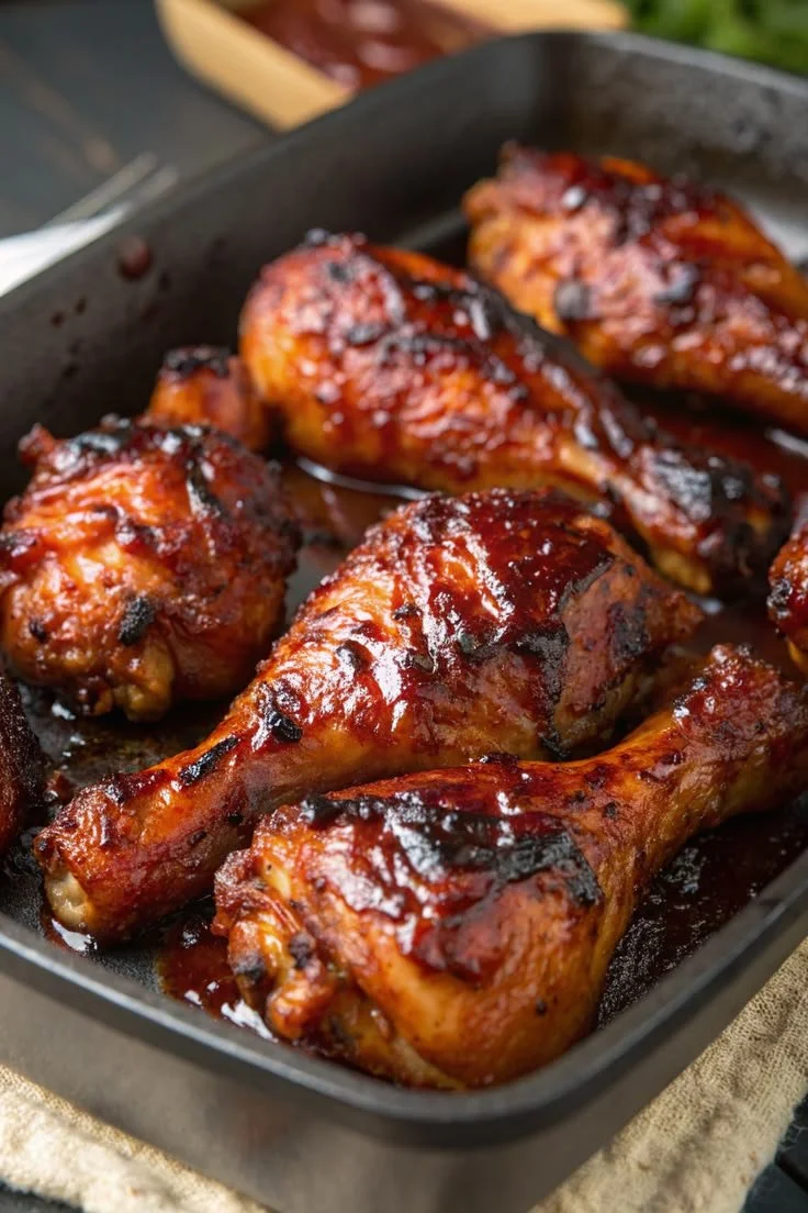 Delicious grilled BBQ chicken on a plate with side dishes and garnishes.