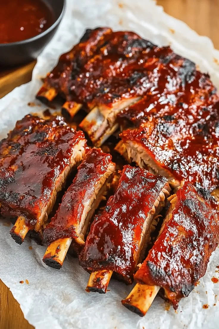 Juicy and tender oven-baked ribs served on a platter with barbecue sauce.