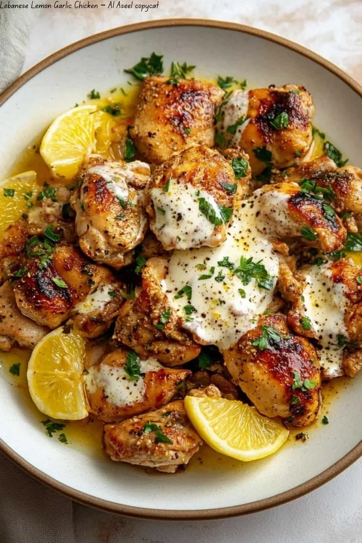 Lebanese Lemon Garlic Chicken served on a plate with herbs and lemon slices.