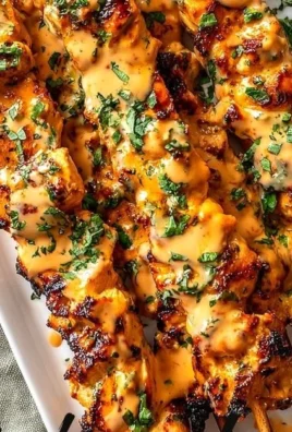 Delicious Bang Bang Chicken skewers on a plate garnished with herbs
