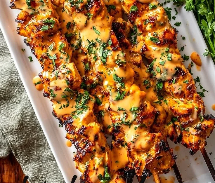 Delicious Bang Bang Chicken skewers on a plate garnished with herbs