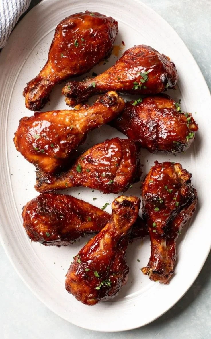 Crispy oven baked chicken legs served on a plate with herbs