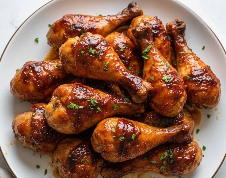 Oven baked BBQ chicken drumsticks glazed with tangy BBQ sauce