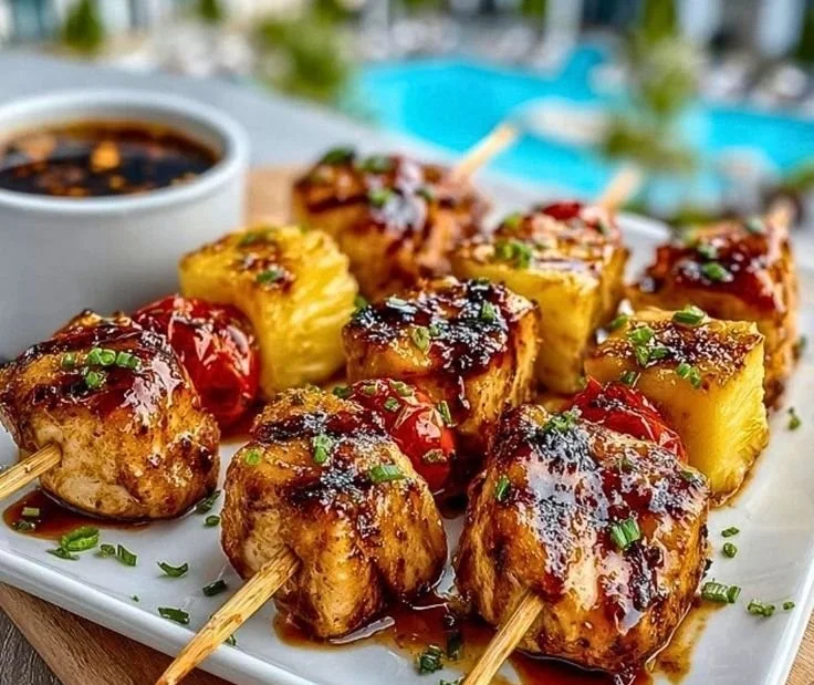 Delicious pineapple chicken kabobs on a grill with vibrant vegetables.