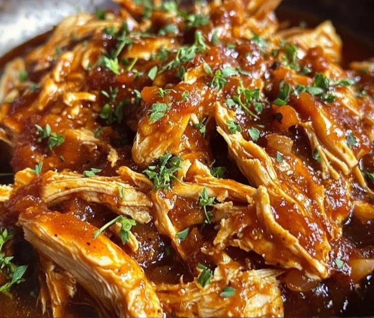Delicious pulled BBQ chicken made in a Crock Pot, perfect for meals.