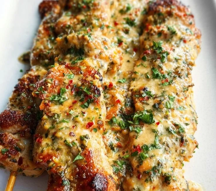 Ranch Garlic Parmesan Chicken Skewers ready to be served on a platter
