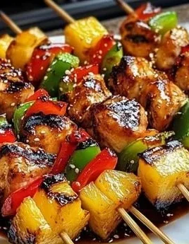 Delicious grilled pineapple chicken kabobs on skewers ready to serve.
