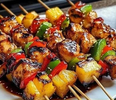 Delicious grilled pineapple chicken kabobs on skewers ready to serve.