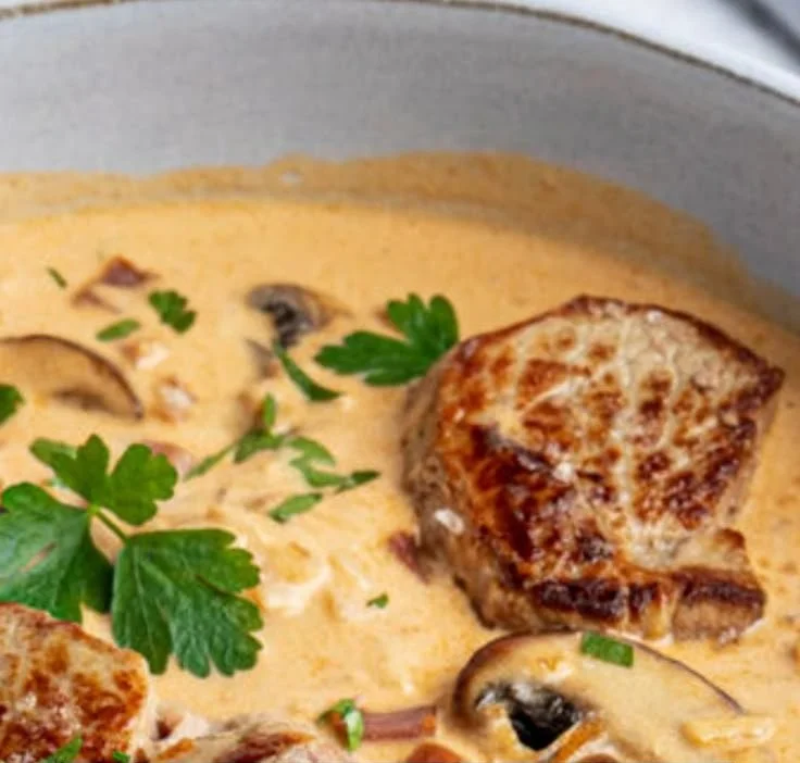 Spicy fillet pot with mushrooms, showcasing vibrant ingredients in a rustic setting.