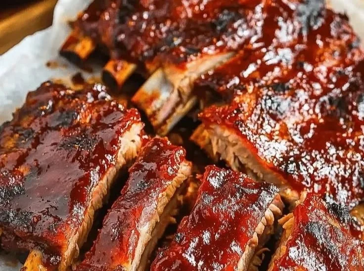 Tender oven-baked ribs on a serving platter with BBQ sauce