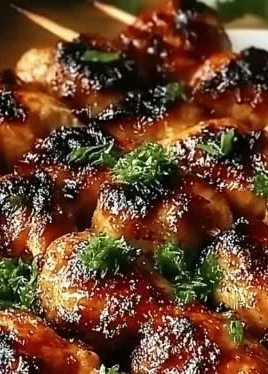 Tropical Grilled Thai Coconut Chicken Skewers on a barbecue grill.