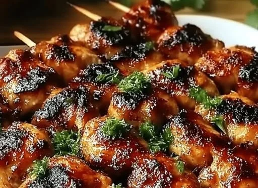 Tropical Grilled Thai Coconut Chicken Skewers on a barbecue grill.