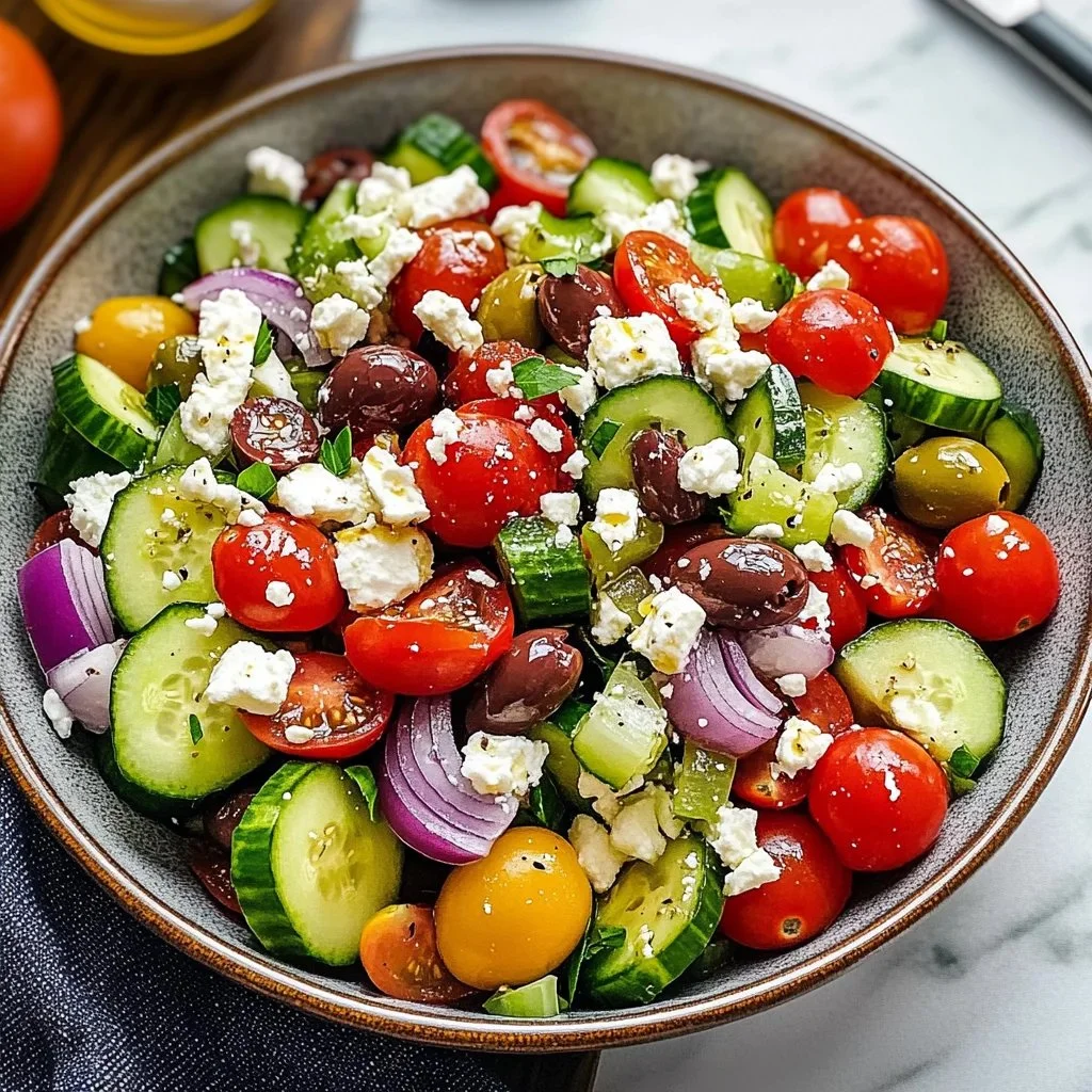 A colorful Greek salad with tomatoes, cucumbers, olives, and feta cheese.