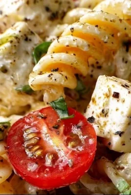 High Protein Caprese Pasta Salad with fresh tomatoes, mozzarella, and basil.