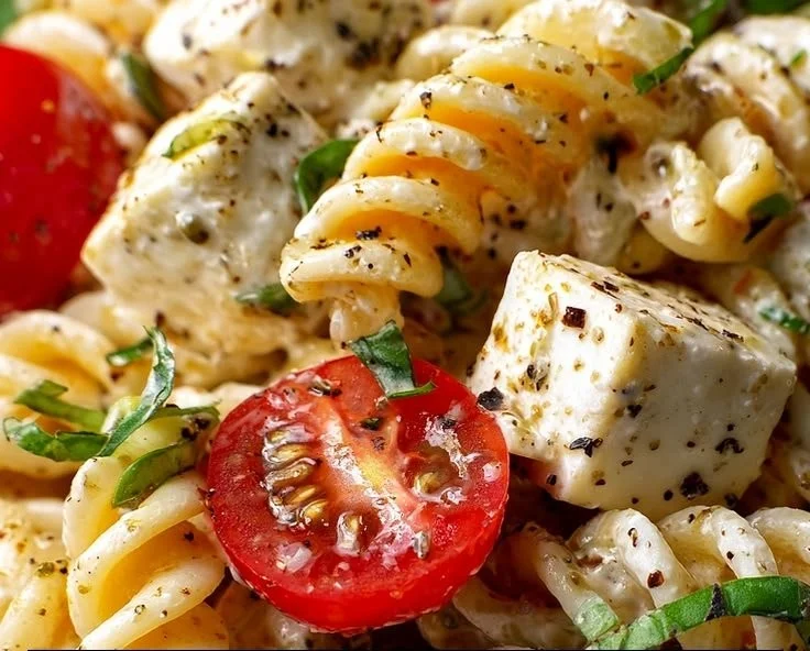 High Protein Caprese Pasta Salad with fresh tomatoes, mozzarella, and basil.
