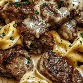 Cracked Garlic Steak Tortellini served in creamy sauce