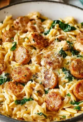 Creamy chicken sausage orzo in a skillet, garnished with parsley