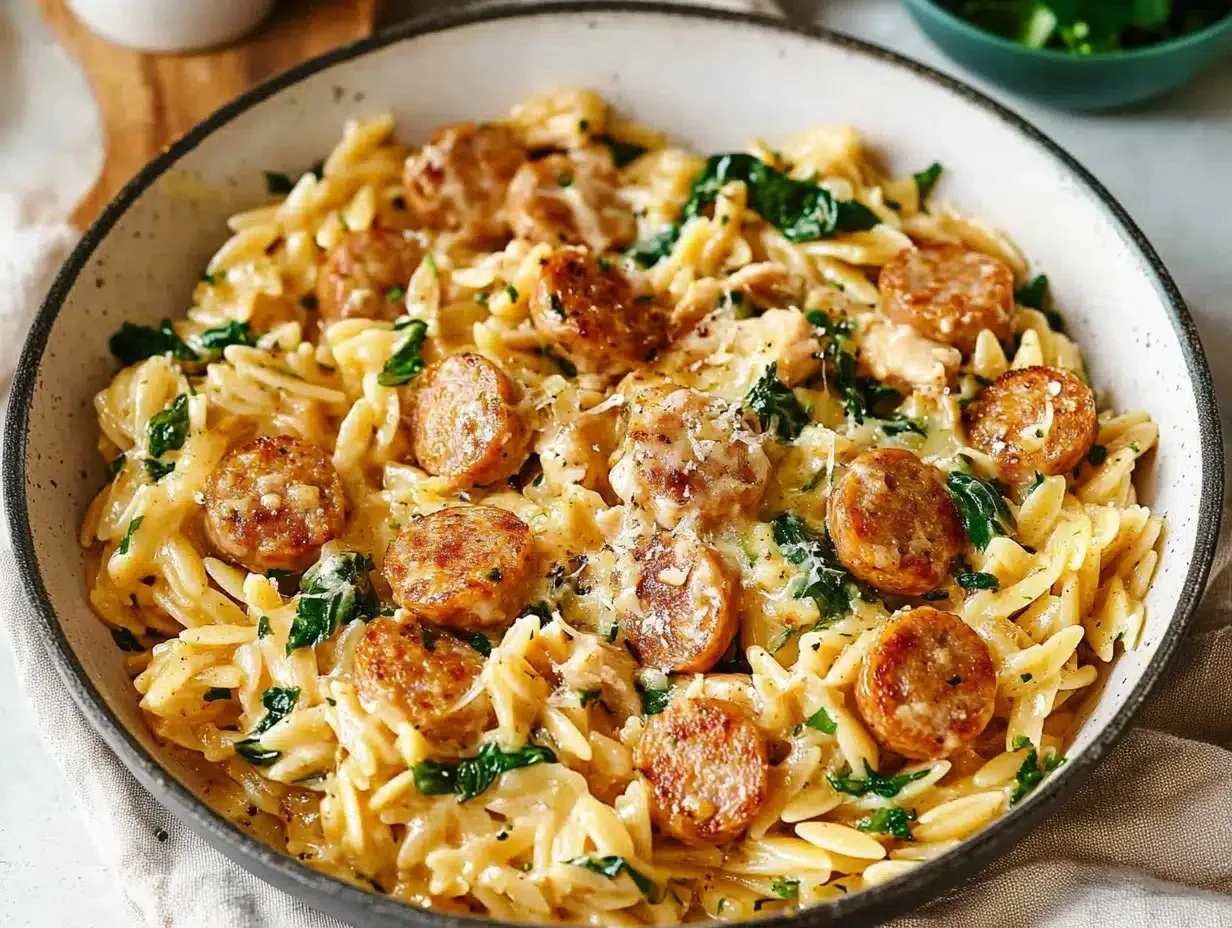 Creamy chicken sausage orzo in a skillet, garnished with parsley