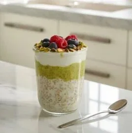 Bowl of creamy pistachio overnight oats topped with nuts and fruit