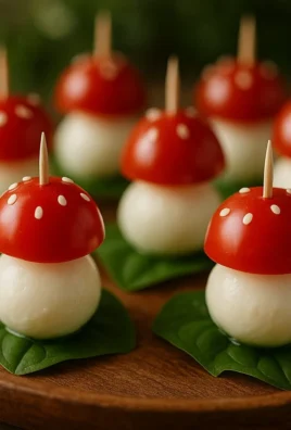 Fairy Toadstool Caprese Bites served on a platter with cherry tomatoes and mozzarella