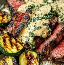 Grilled steak bowl with sauce and grilled zucchini served in a bowl