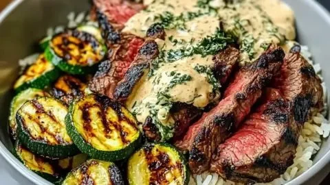 Grilled Steak Bowl with Sauce & Grilled Zucchini Bliss