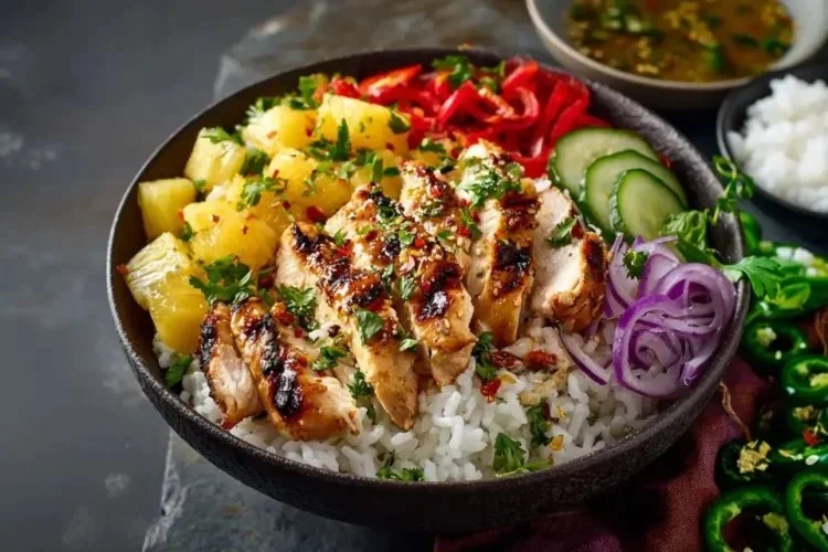 A vibrant Hawaiian Chicken Bowl with grilled chicken, rice, and tropical toppings.