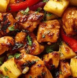 Hawaiian Chicken Sheet Pan dinner with vegetables and pineapple.