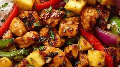 Hawaiian Chicken Sheet Pan dinner with vegetables and pineapple.