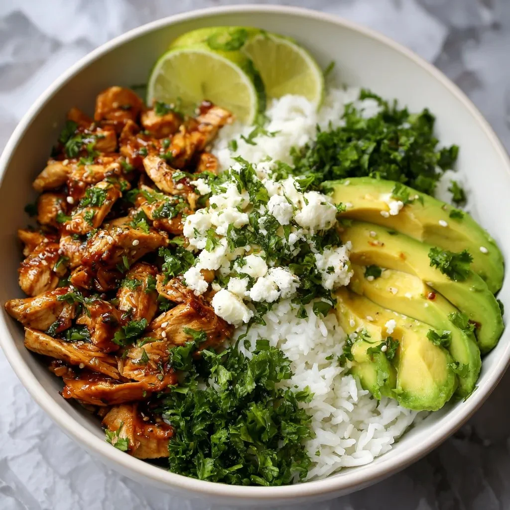 Honey Lime Chicken & Avocado Rice Bowl with fresh ingredients