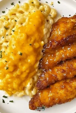Plate of hot honey chicken tenders served with baked mac and cheese