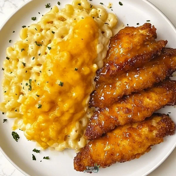 Hot Honey Chicken Tenders with Baked Mac and Cheese