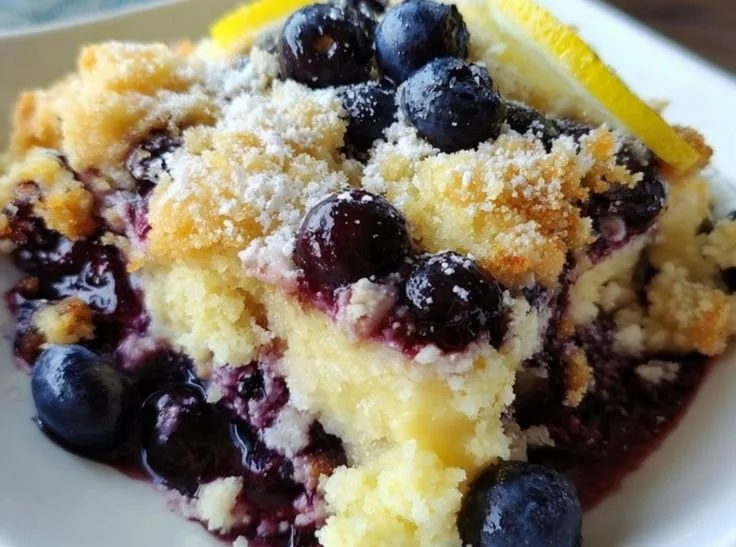 Delicious lemon blueberry cheesecake dump cake with fresh blueberries and lemon zest.