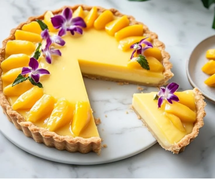 Delicious Mango Curd Tart with a golden crust and fresh mango topping