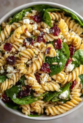 Nutritious spinach pasta salad with feta cheese and cranberries