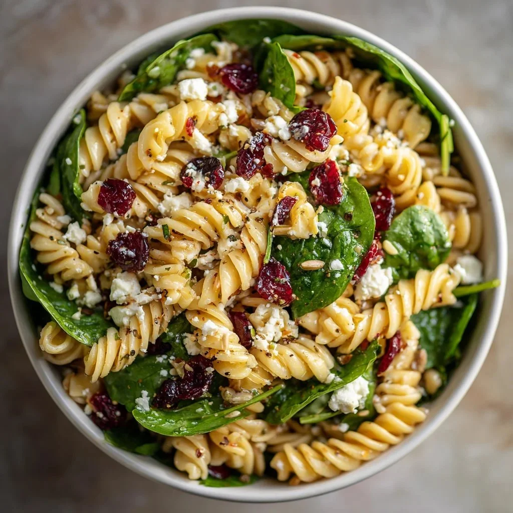 Nutritious Spinach Pasta Salad with Feta and Cranberries