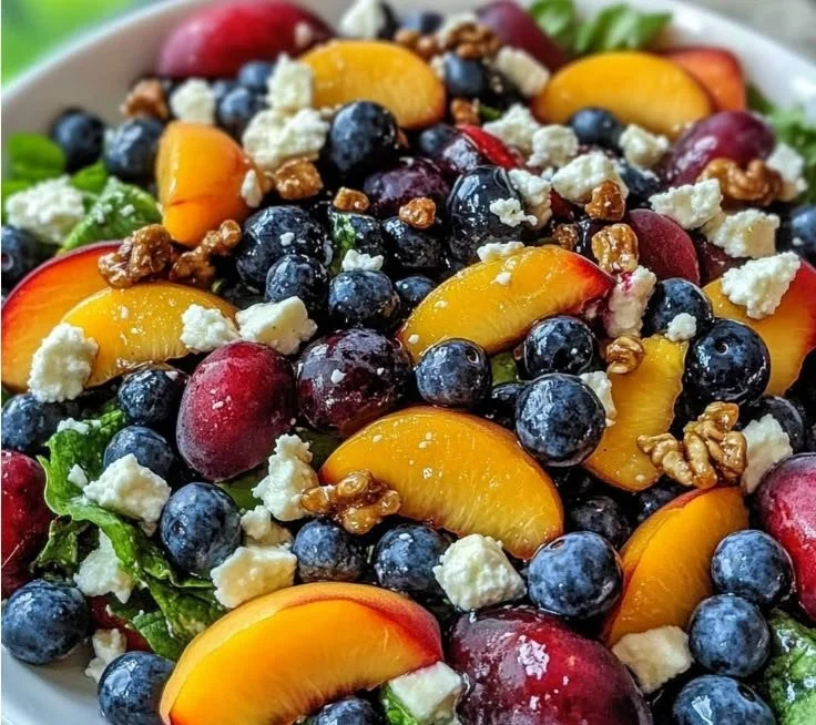 Peach and Blueberry Salad with Feta garnished with mint