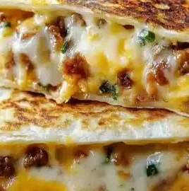 Delicious breakfast crunchwrap filled with eggs, cheese, and toppings.