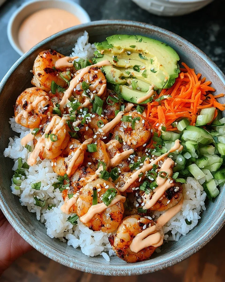 Shrimp rice bowl topped with spicy mayo and fresh vegetables