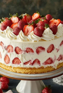 Strawberries and cream cheesecake cake topped with fresh strawberries.