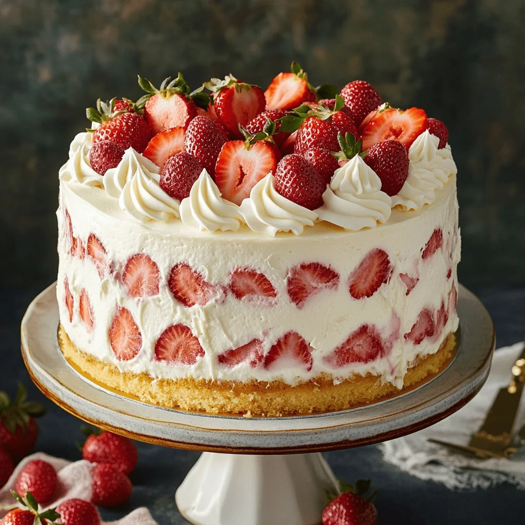 Strawberries and cream cheesecake cake topped with fresh strawberries.